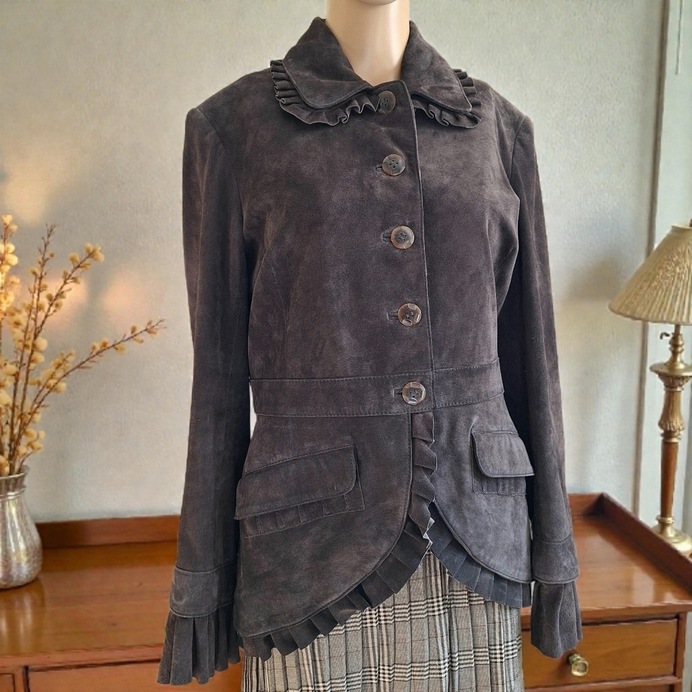 June Brown Distressed Suede Leather Button Front Jacket Detachable Ruffles